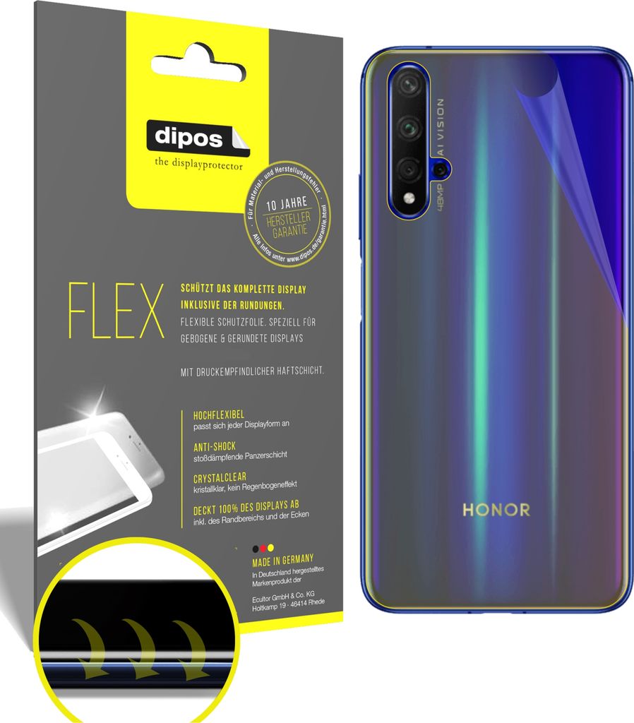 3x Schutzfolie für Huawei Nova 5T Rückseite Folie, 100% Displayabdeckung, dipos Flex