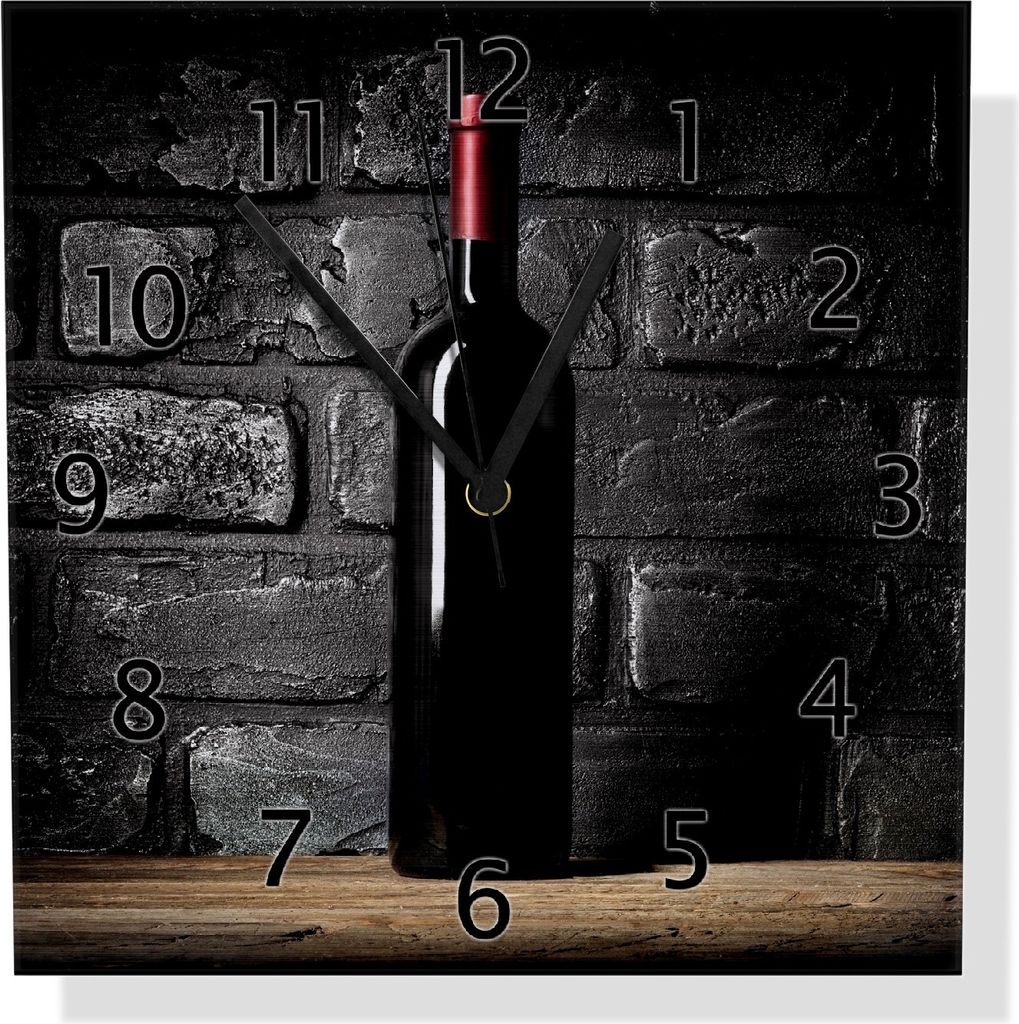 Wallario Design Wanduhr Rotwein-Flasche am Abend aus Aluverbund, Größe 30 x 30 cm
