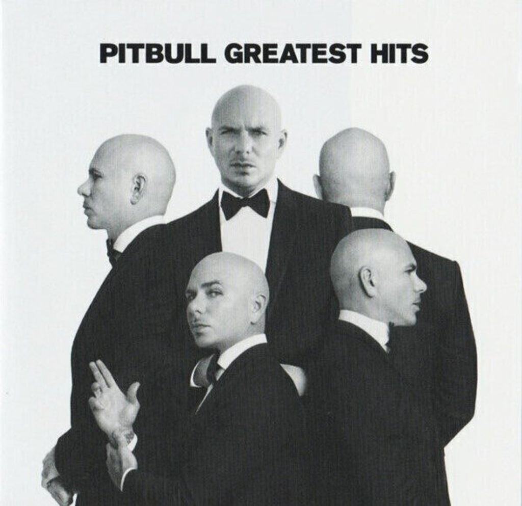 A black and white studio shot of Pitbull, with multiple versions of him appearing in the image, wearing tuxedos.