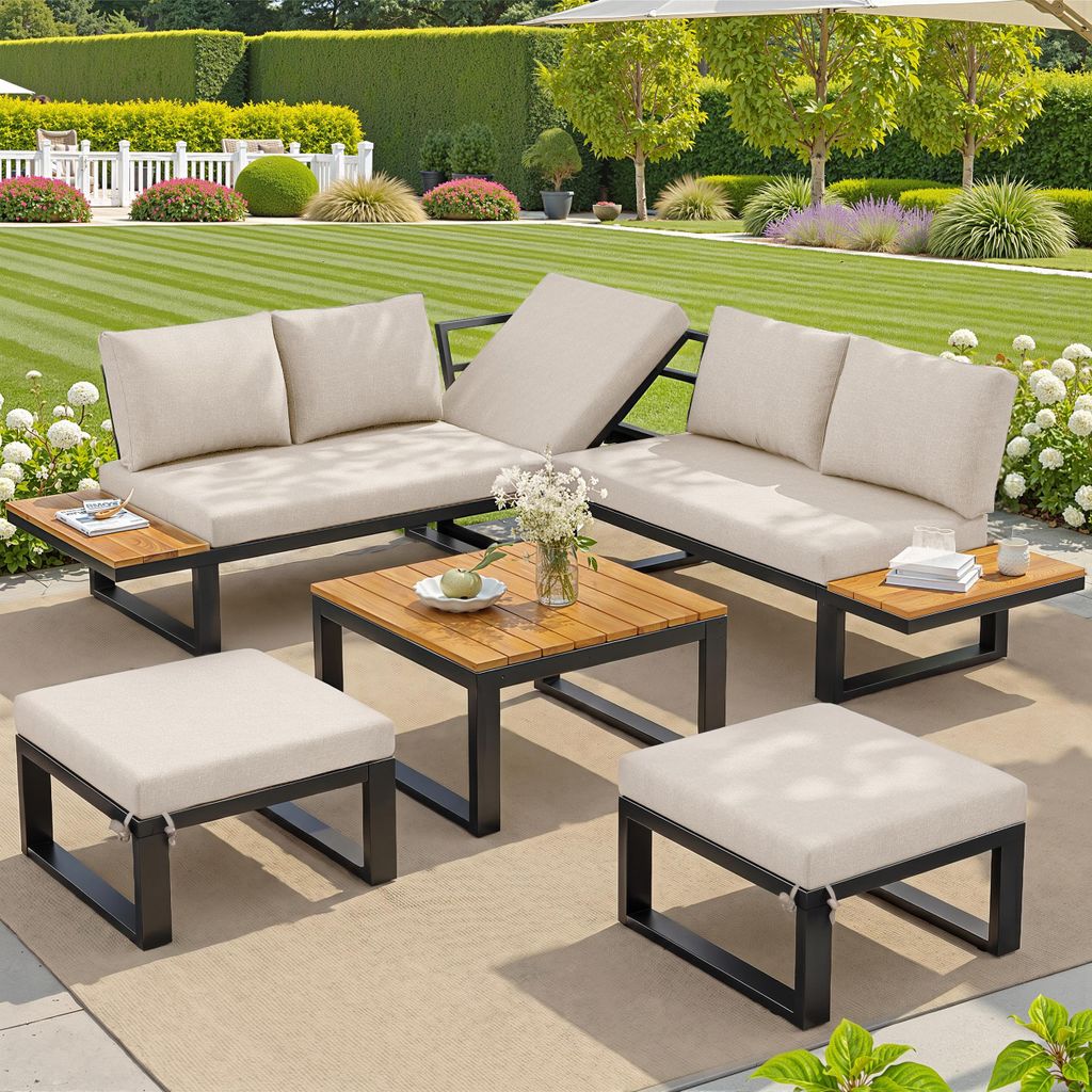 6-teiliges Gartenlounge-Set verstellbar Lounge-Set mit Ecksofa Couchtisch Hockern Stahlgestell Grau Beige