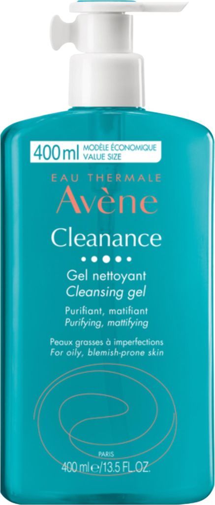 A teal colored bottle of Avene Cleanance Cleansing Gel with a white pump dispenser.