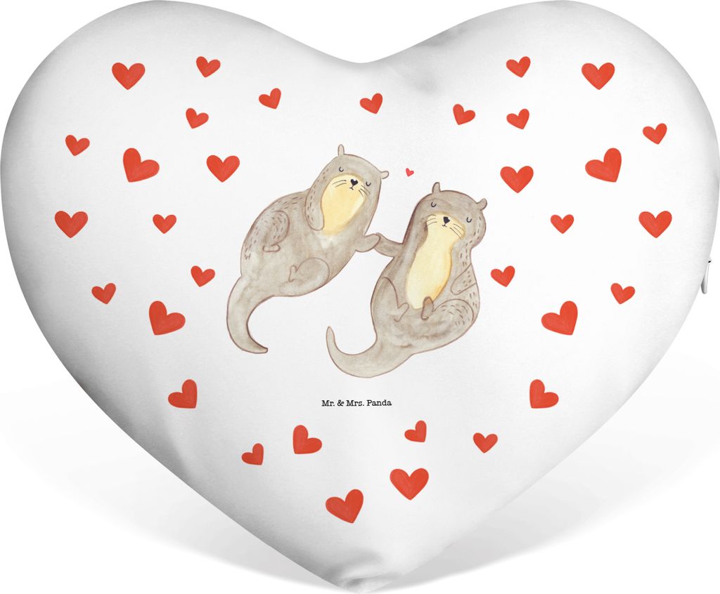 Mr. & Mrs. Panda Kuschelkissen Otter Hände halten - Weiß - Geschenk, Herzkissen, Sofakissen, dekoartikel, Händchen, Paar, Romantisch, Liebeskiss...