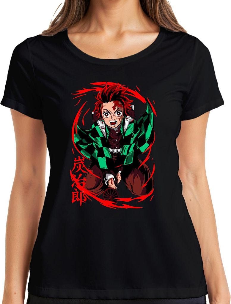Tanjiro Kimetsu no Yaiba Sonnenatem Hinokami Anime Geschenk Damen T-Shirt, Schwarz, XXL