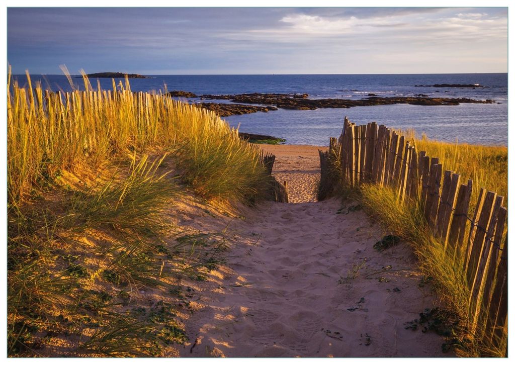 Wallario Premium Glasbild, freischwebende Optik, kräftige Farben, Größe 100 x 70 cm Motiv Weg durch die Dünen zum Meer an der Küste