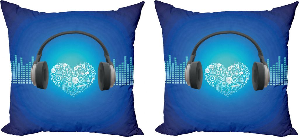 ABAKUHAUS Musik Kissenbezug Set (2Stück), Herz-Ohrhörer, doppelseitiges Digitaldruckdekor mit Reißverschluss, 50 cm, Königsblau und Grau