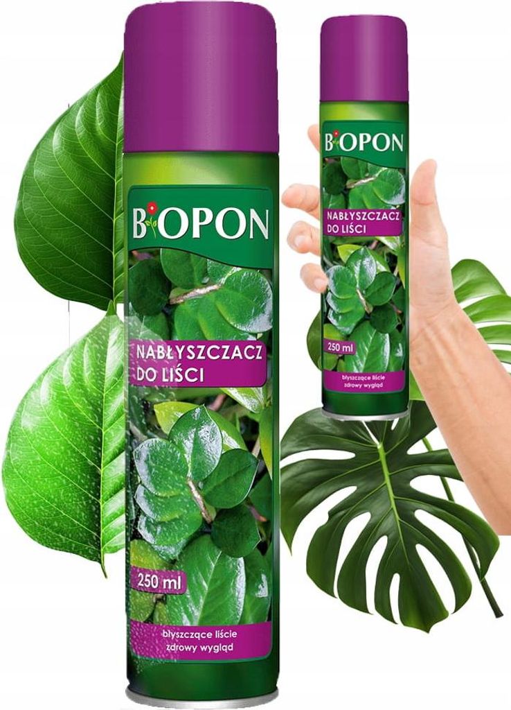 A hand is holding a spray can of plant leaf shine, surrounded by large green leaves.