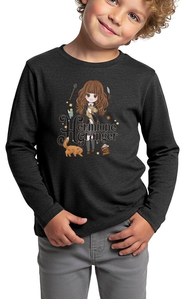 Spreadshirt Harry Potter Hermine Granger Chibi Kinder Premium Langarmshirt, 98/104 (2 Jahre), Anthrazit meliert