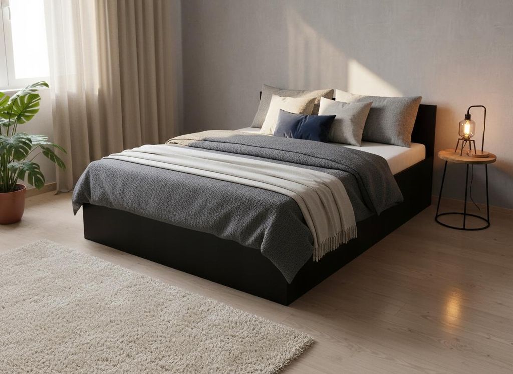 Komvortowy | Bett 140x200 Cm | Doppelbett Mit Metall-Lattenrost | SCHWARZ | Matratze 12 cm H3/H4 | Bettkasten Ohne Bodenplatte