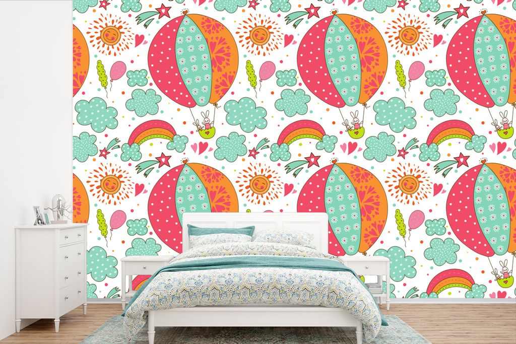 MuchoWow Fototapete für Wohnzimmer oder Schlafzimmer Wandtapete Vinyl Motivtapete Kaninchen - Schnittmuster - Baby - 420x280 cm - Zimmer für Ki...