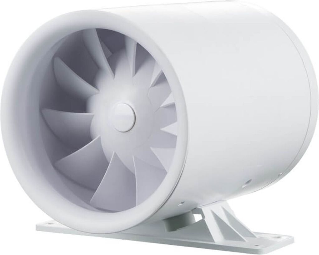 A white inline duct fan on a white background.