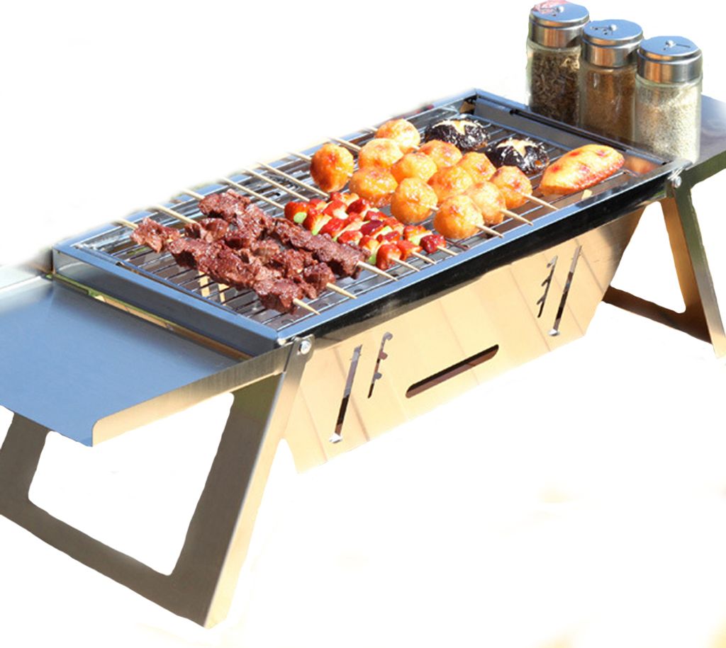 Holzkohlegrill, Campinggrill, Außengrill, Klappgrill, höhenverstellbar, Edelstahl, Tischgrill mit Verbrühschutzhandschuhen, Tasche, 42cmx21.5cmx...