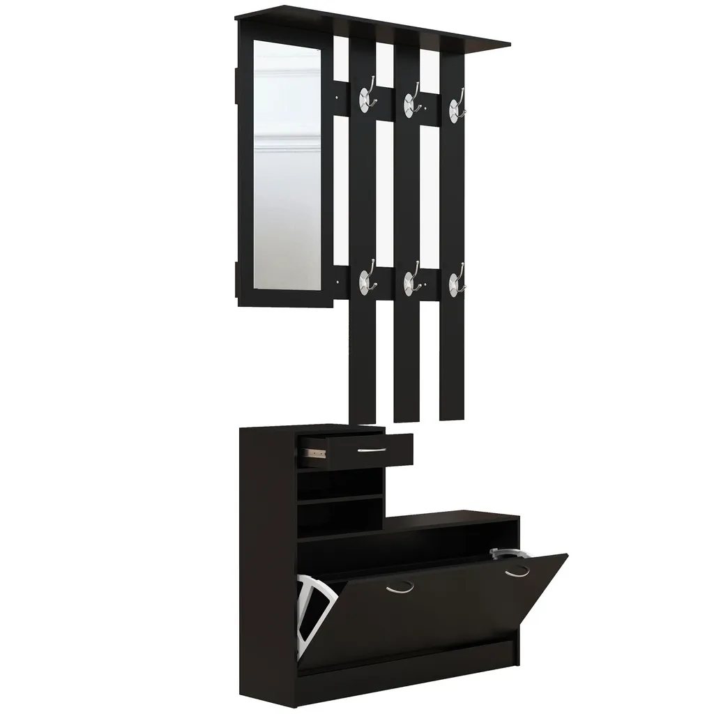 Meuble d'entrée complet avec porte-manteau et étagère réglable noir