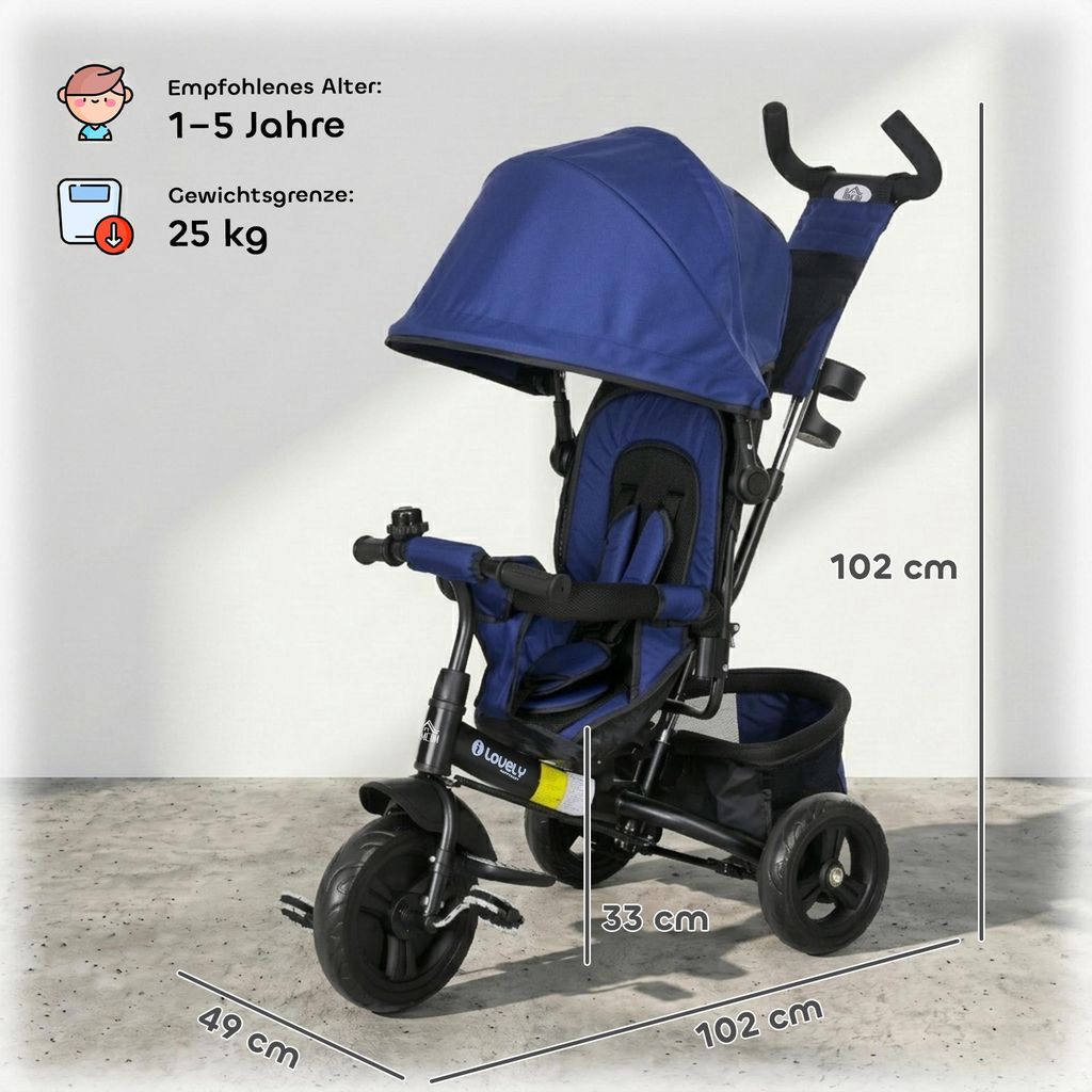 HOMCOM Tricycle 6 En 1 évolutif Rose – Avec Barre De Poussée, Ceinture, Pare-soleil, Panier, Porte-bidon – Pliable – Pour Enfants De 1 à 5 Ans (max 25 Kg)