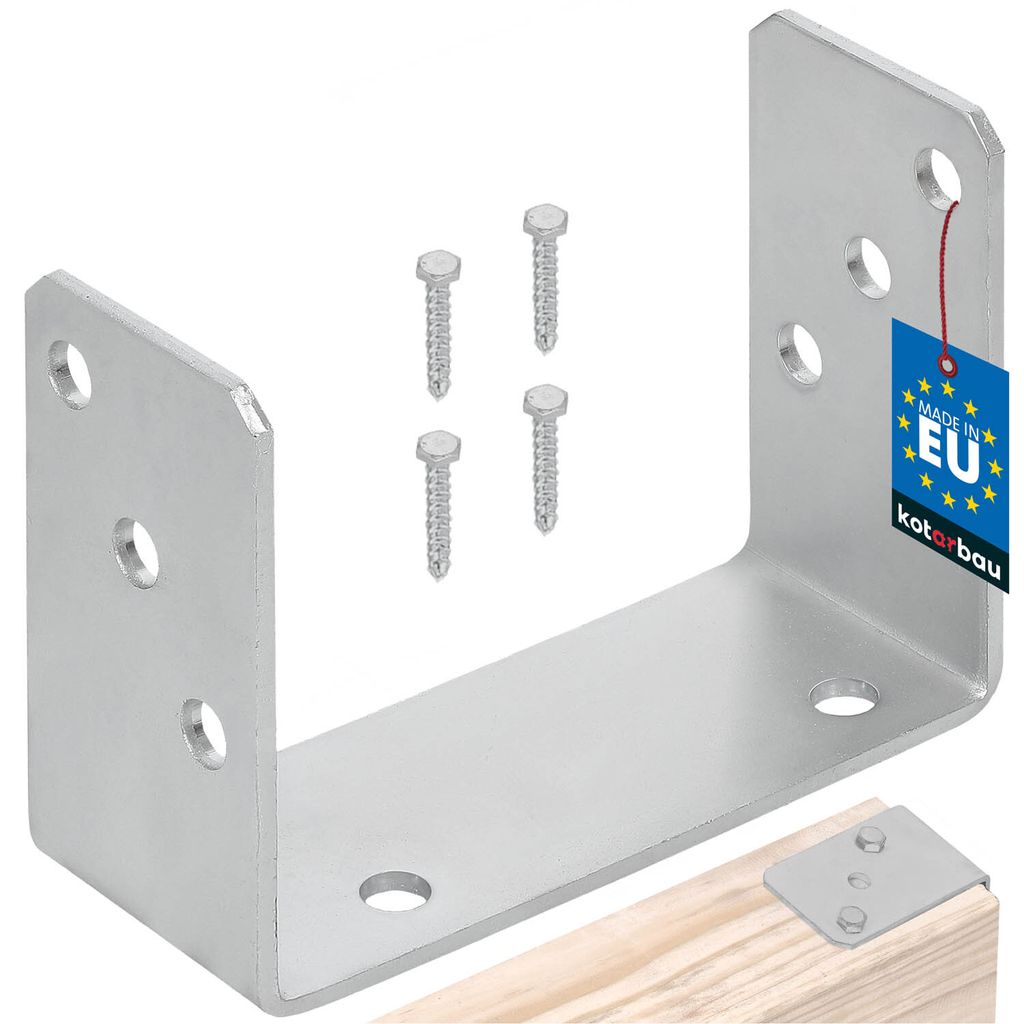 A U-shaped metal bracket and screws are shown against a white background, with a small portion of a wooden beam visible at the bottom right.