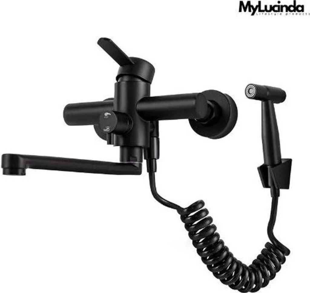 Mitigeur évier mural flexible noir avec douchette 3 jets orientable