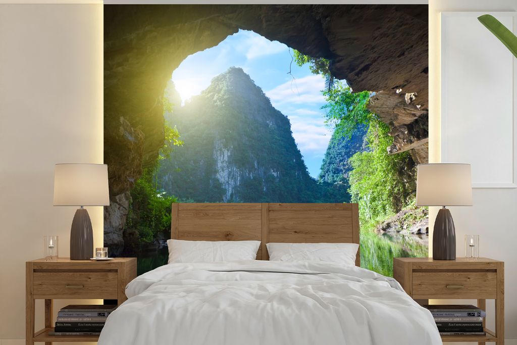 MuchoWow Fototapete für Wohnzimmer oder Schlafzimmer Wandtapete Vinyl Motivtapete Wasser - Höhle - Sonne - Natur - Pflanzen - 350x350 cm - Schl...