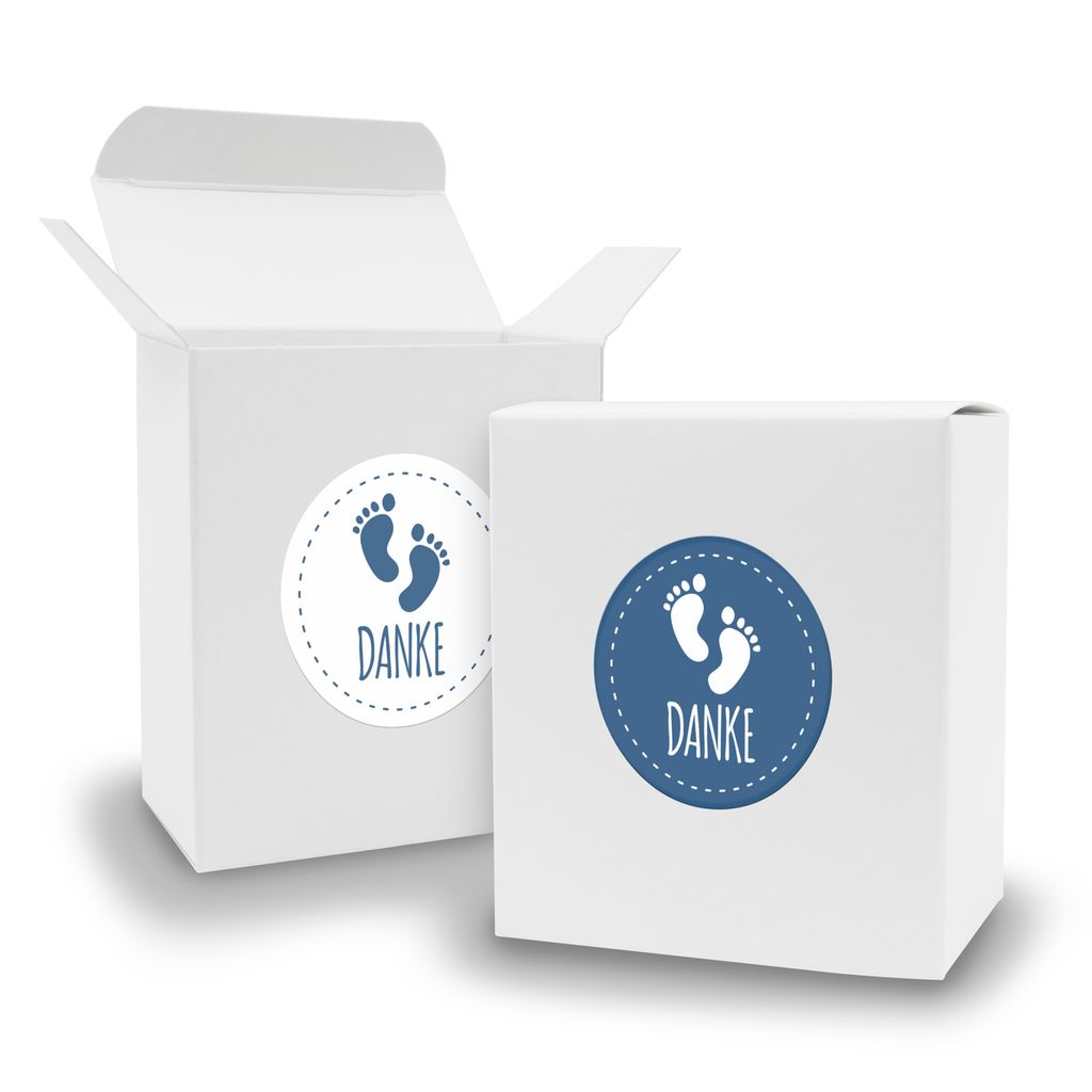 SET DANKE Fußabdrücke(Motiv29) 24x Faltschachtel Quader weiß + Sticker