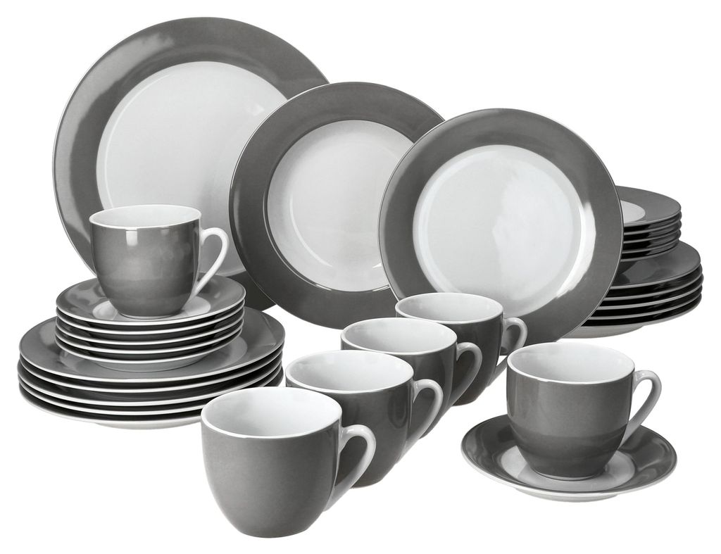 30tlg Kombiservice Variant Grau Porzellan 6 Personen Tassen Produktbild 