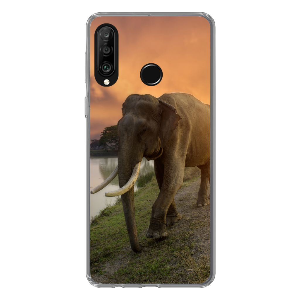 MuchoWow Handyhülle Schutzhülle Hülle für Huawei P30 Lite Elefant - Wasser - Tiere - Sonnenuntergang - Natur Silikon Softcase Handy Hülle - ...