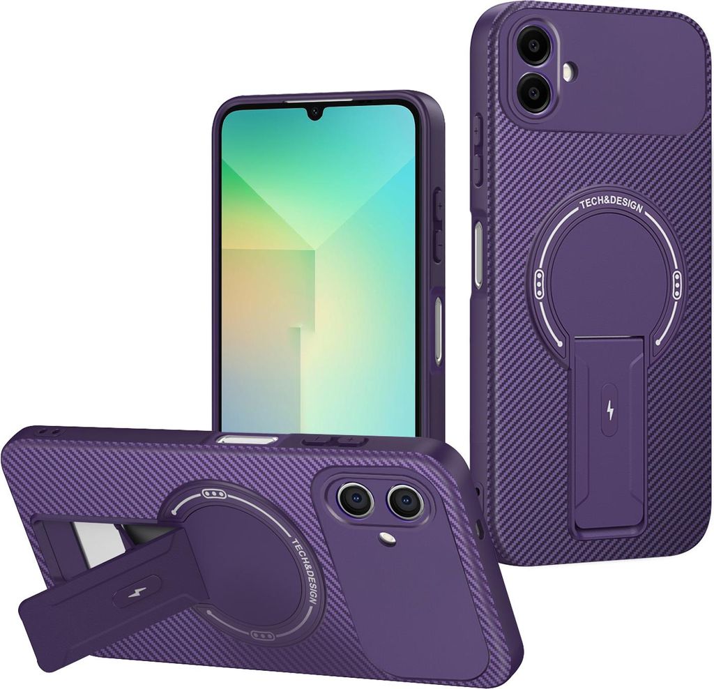 Hülle für Samsung Galaxy A06 5G/4G Magnetisch Carbonfaser Design TPU Hybrid Handyhülle mit Ständer Lila