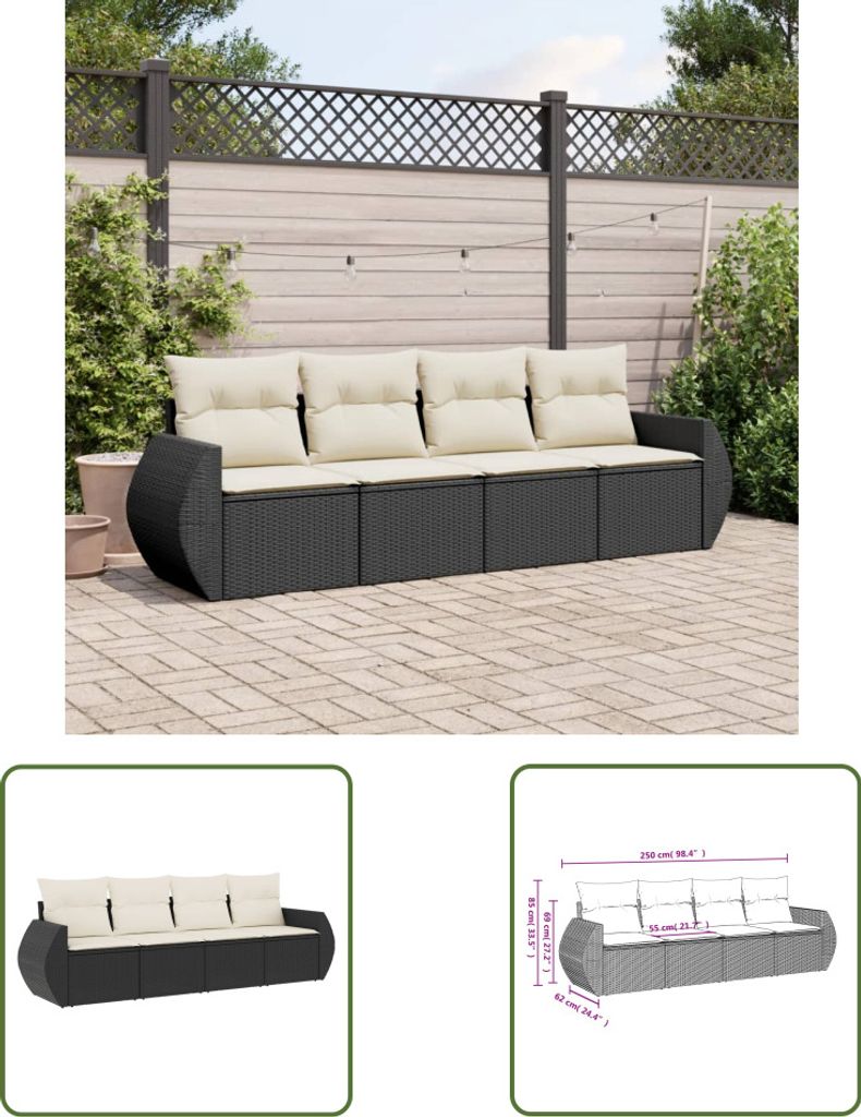 The Living Store 4-tlg. Garten-Sofagarnitur mit Kissen Schwarz Poly Rattan