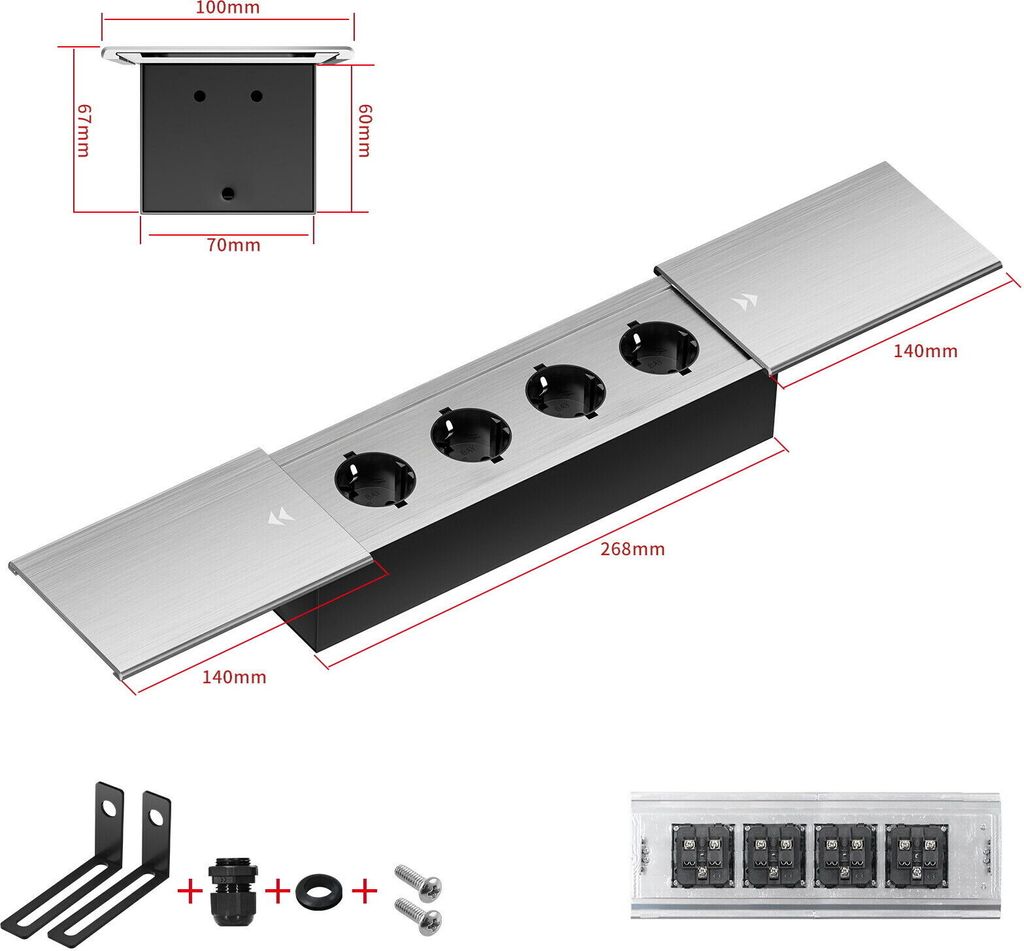 Einbausteckdose Aluminium Tischsteckdose Bodensteckdose Fußboden Steckdose 230V Modell B / 4-Fach / Silber