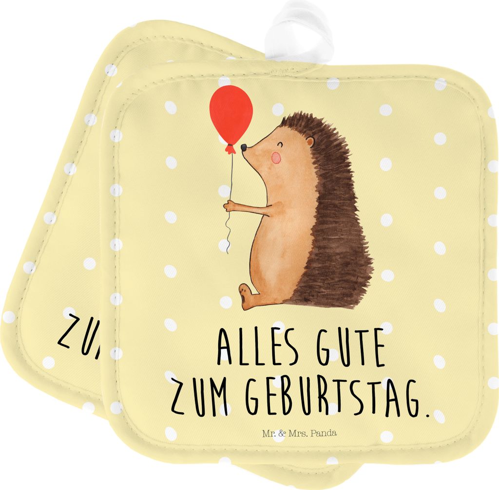 Mr. & Mrs. Panda Topfuntersetzer Igel Luftballon - Gelb Pastell - Geschenk, Glückwunsch, Doppel Topflappen, Kochlappen, Set, topfhalter, Herzliche...