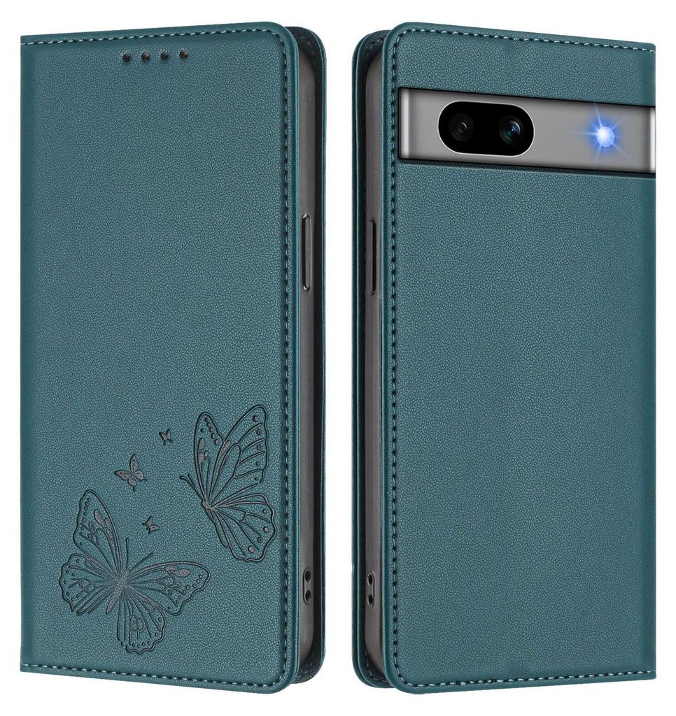 Lederhülle für Google Pixel 7A, Schmetterling Prägung Leder Brieftasche Schutzhülle mit Ständer Grün