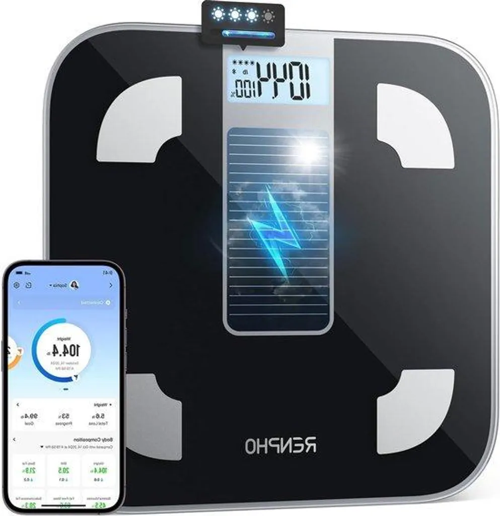 Pèse-personne solaire Bluetooth 180kg : analyse graisse et muscle pro