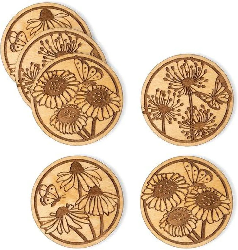 Sous-verres décoratifs en bois de 10 cm avec motifs fleurs et papillons