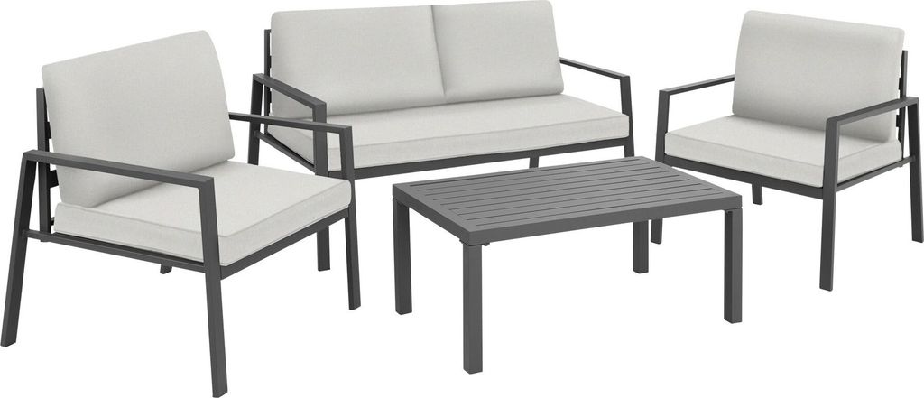 A set of outdoor furniture including two chairs, a loveseat, and a coffee table, all with gray frames and white cushions, displayed on a white background.