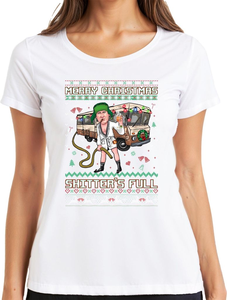 Merry Christmas Shitter's Full Weihnachten Schöne Bescherung Ugly Sweater Damen T-Shirt, Weiß, XL