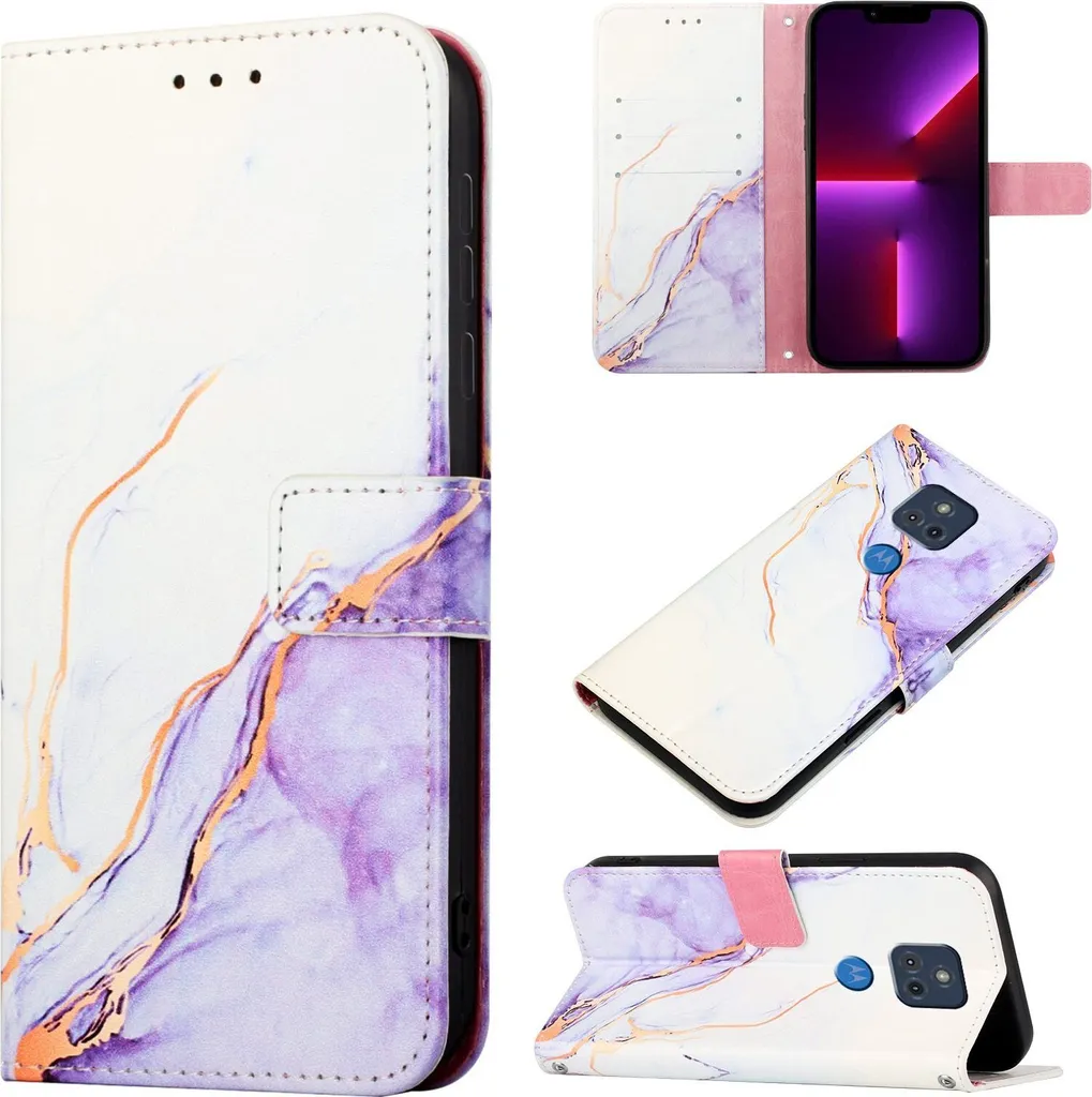 Custodia Moto G Power 2021, Custodia in Finto cuoio con motivo a marmi, tasche per carte, custodia stand per Motorola Moto G Power 2021 Bianco Viola
