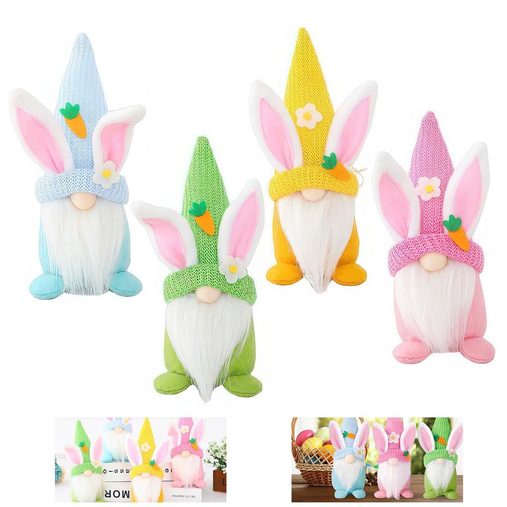 Oster Deko Gnome Hasen Figuren 4er Set, Stoff Zwergen Deko für Frühling, Tisch, Regal und Zuhause