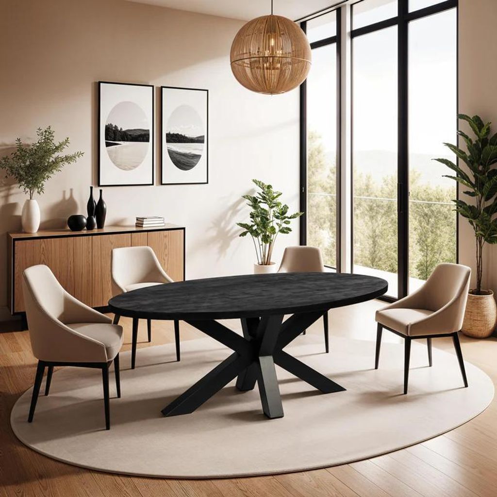 Zita Home Esstisch, oval, 200 cm, Mangoholz, Schwarz, dickes Gestell, skandinavisch, modernes Design