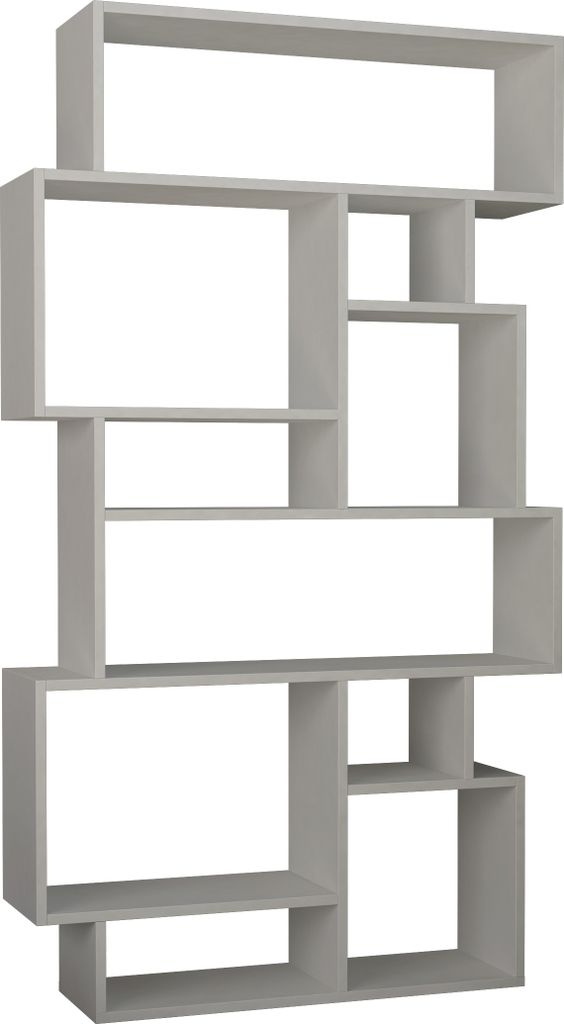 A modern, white, modular bookshelf unit against a white background.