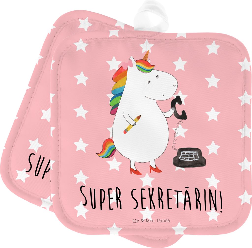 Mr. & Mrs. Panda Topfuntersetzer Einhorn Sekretärin - Rot Pastell - Geschenk, topfhalter, Topflappen Set, Doppel, Büro, Einhörner, Unicorn, im D...