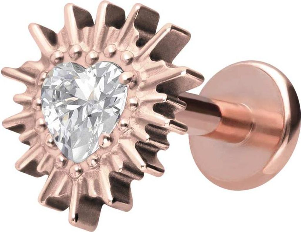 Ohrpiercing, Nasenpiercing Titan Labret mit Innengewinde KRISTALLHERZ + SONNENSTRAHLEN RoséGold Stablänge: 8mm | Stabstärke: 1,2mm