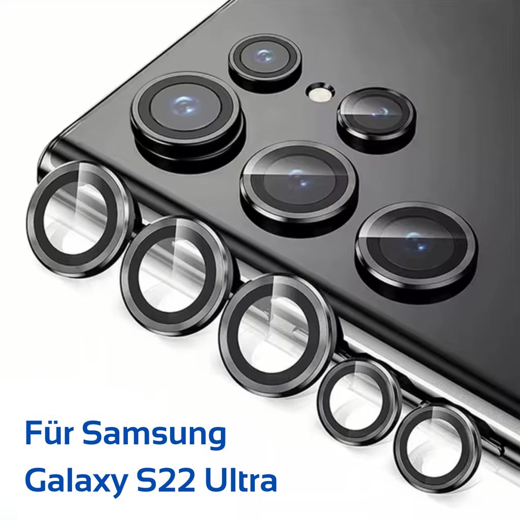 A close-up view of multiple camera lens protectors arranged on a black smartphone.