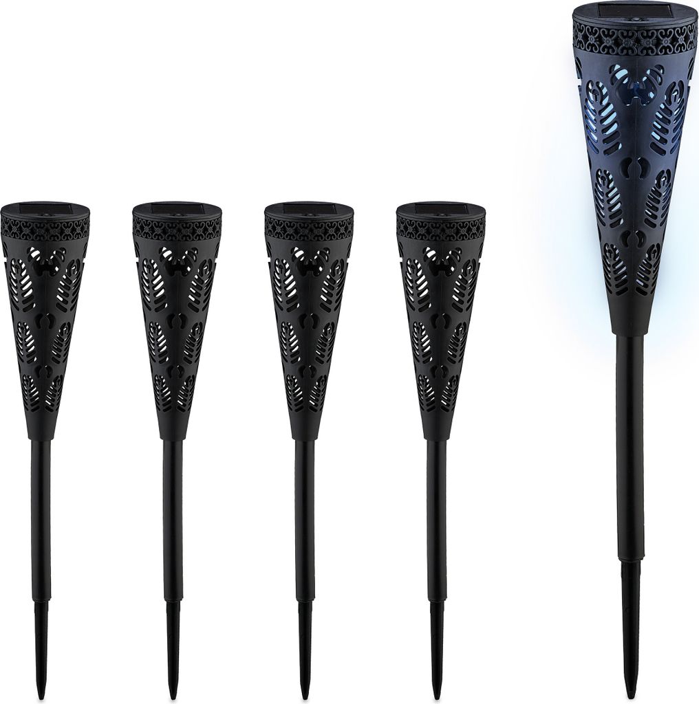 Relaxdays Solarlampe 5er Set, Fackel-Design, Gartenbeleuchtung mit Lichteffekt, H x D: 41 x 7 cm, mit Erdspieß, schwarz