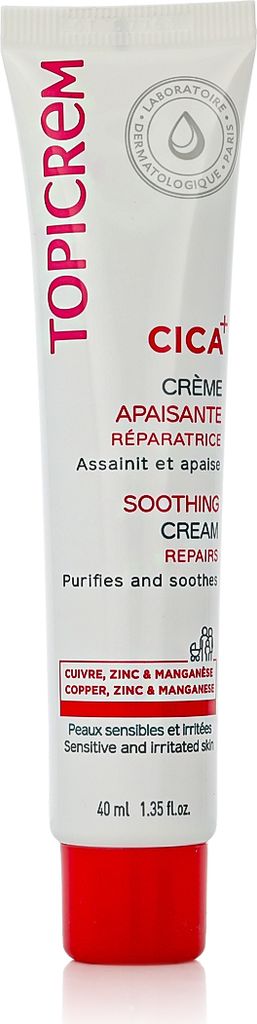 A white tube of Topicrem CICA Soothing Cream with a red cap, set against a white background.