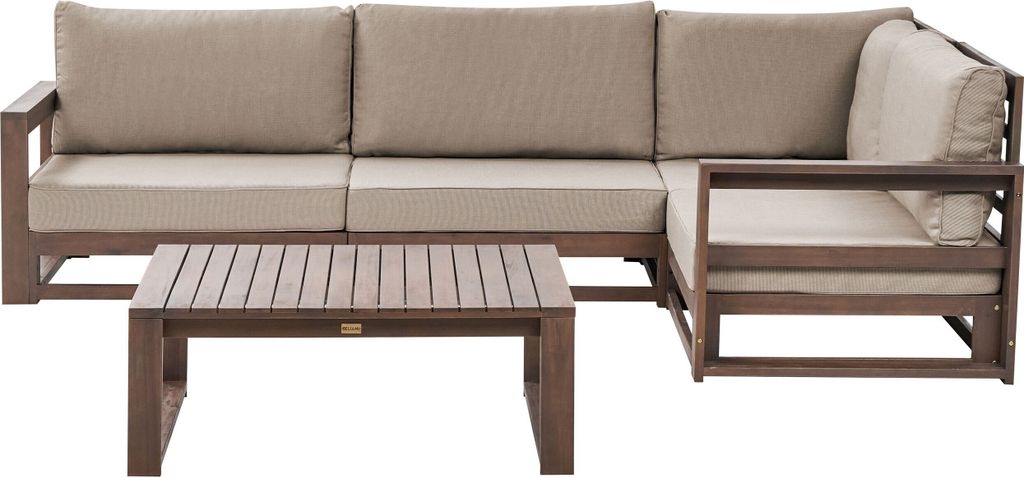 BELIANI Lounge Set Dunkelbraun es Akazienholz Auflagen Taupe 4-Sitzer Ecksofa mit Couchtisch Linksseitig Terrasse Outdoor Retro Stil