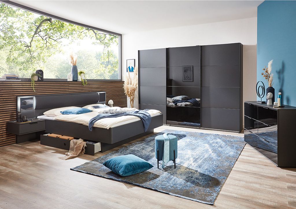 Schlafzimmer Set BRIXEN-43 mit Schubkastenkommode in graphit mit schwarz