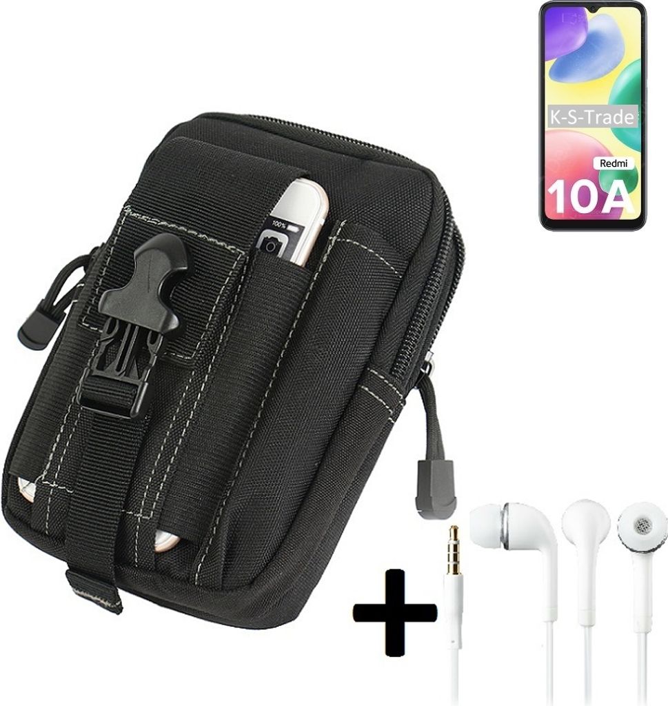 K-S-Trade Gürteltache + Kopfhörer kompatibel mit Xiaomi Redmi 10A Gürtel Tasche Holster Schutz Hülle Handy Hülle schwarz inkl. Extrafächer