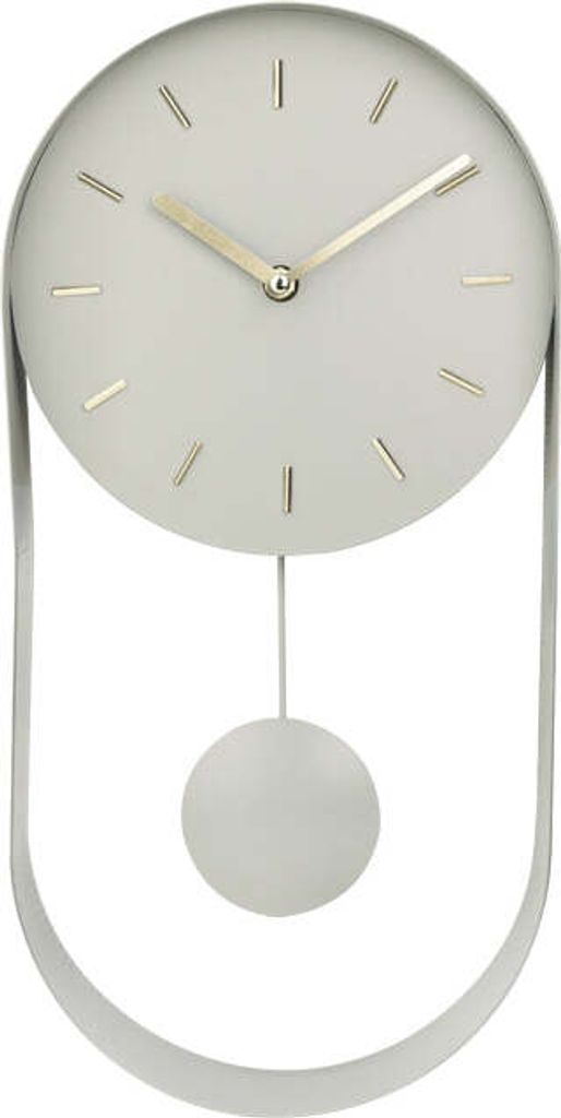 A minimalist pendulum clock with a round face and a U-shaped frame.