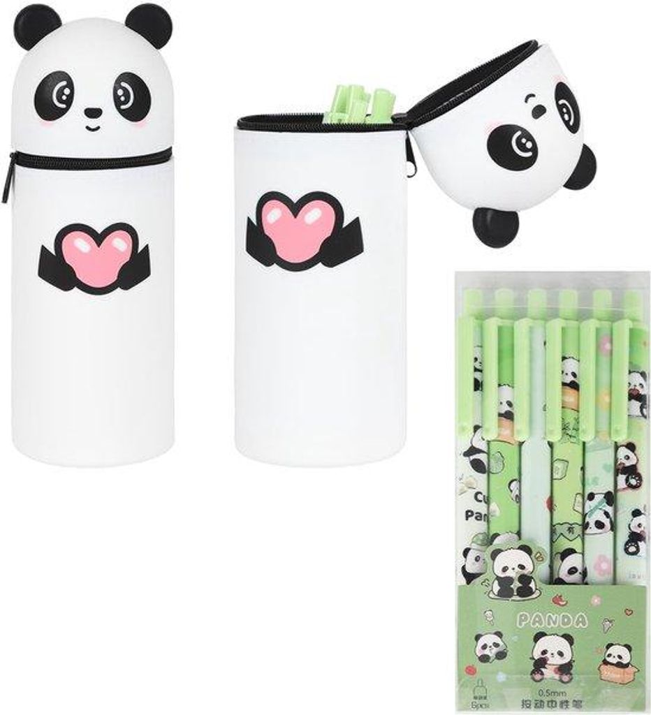 Panda-Etuiset mit 6 Füllfederhaltern, kawaii panda-Etui, silikonisches Etui, biegsames Etui, panda-Schulbedarf