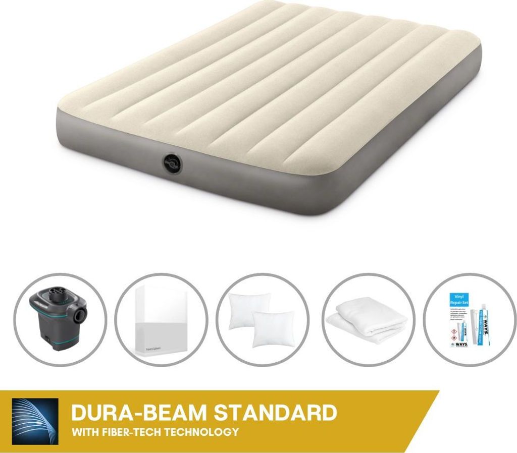 Intex Luftbett - 2 Personen - 137 x 191 x 25 cm - Beige + Intex Elektropumpe - 650 Liter/Min + Spannbettlaken Weiß + Kopfkissen + Molton 2 in 1 Ki...