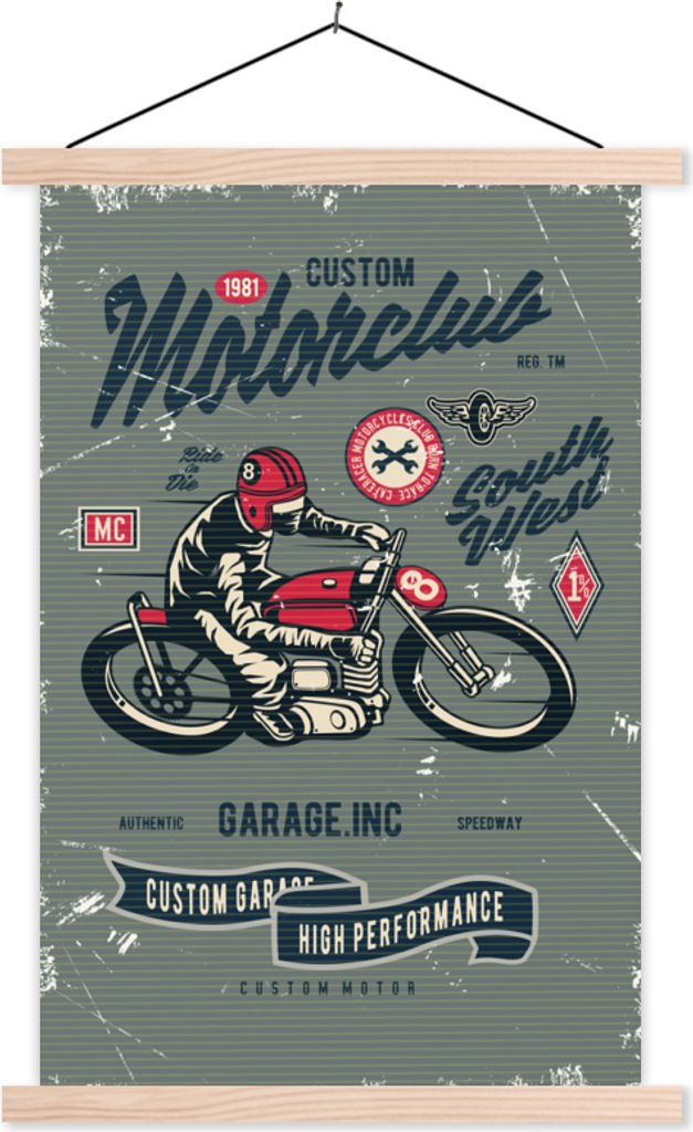 MuchoWow Textilposter Motorrad - Sport - Retro - Zeichnung 60x90 cm mit holzfarbenen Rahmen - Textil