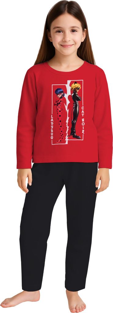Miraculous Schlafanzug für Mädchen - Best Friends - Kinder Pyjama Set Langarm Oberteil mit Hose Rot/Schwarz 122-128