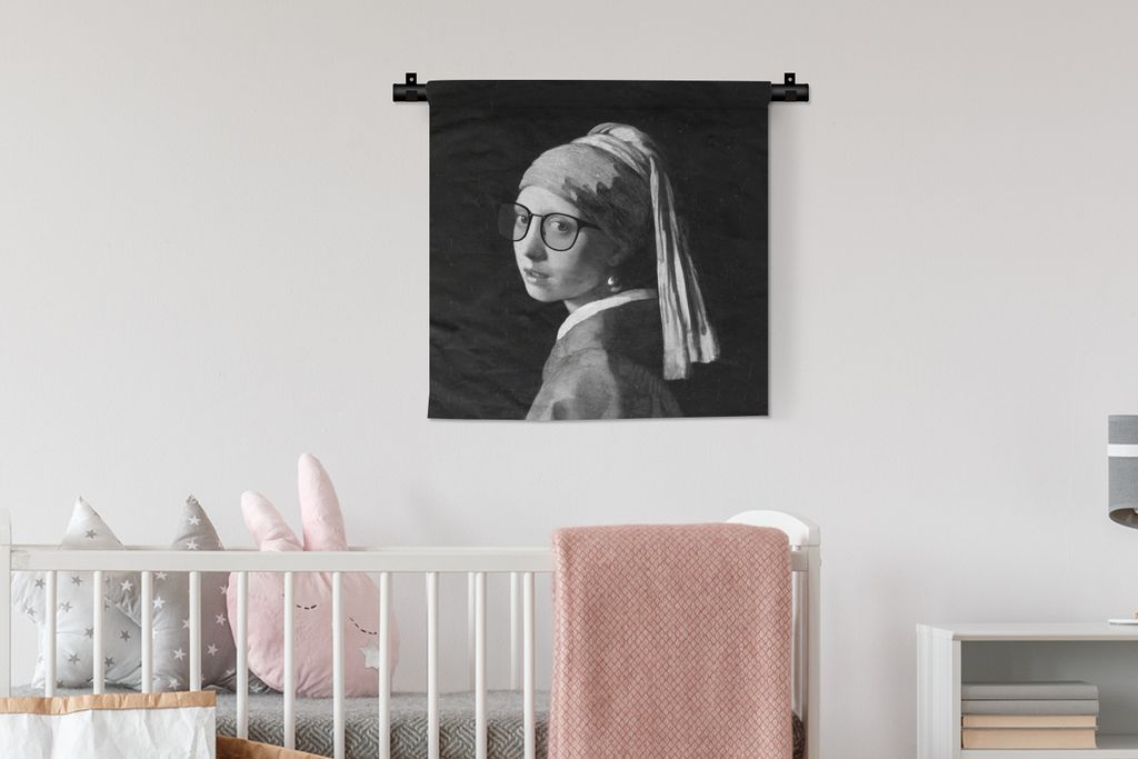 MuchoWow Wandteppich Wandbehang Das Mädchen mit dem Perlenohrring - Johannes Vermeer - Schwarz und weiß 60x60 cm Tapisserie Dekoration Wandtuch...